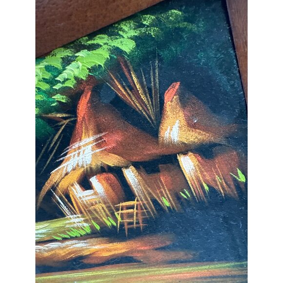 Rustic MCM Tropical Island Landscape Oil Painting With Black Velvet Wooden Frame - Picture 3 of 15